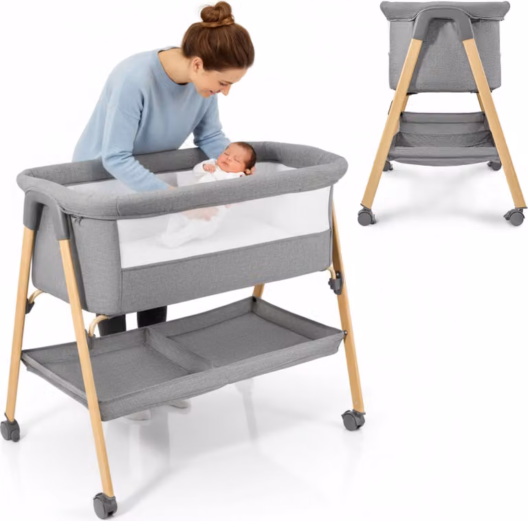 Moby-System MILI opvouwbaar babybed met matras en wielen, grijs, geschikt voor 0-6 maanden