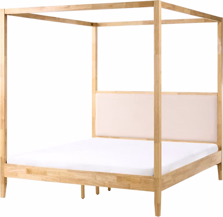 Haillicourt Minimalistisch Hemelbed van Massief Hout met Gestoffeerd Hoofdbord, Lichtbruin/Beige, B/D/H: 160 x 200 cm