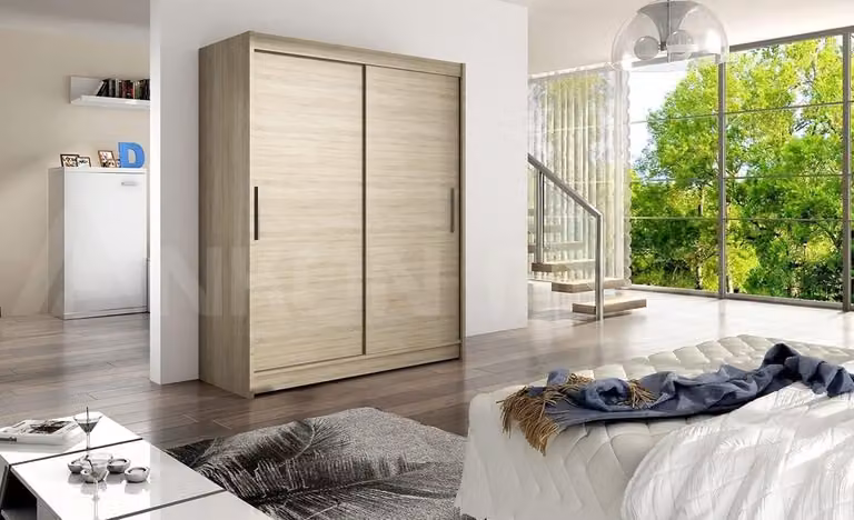 Kledingkast met schuifdeuren en 5 legplanken in Sonoma houtlook, B: 150 cm, H: 200 cm