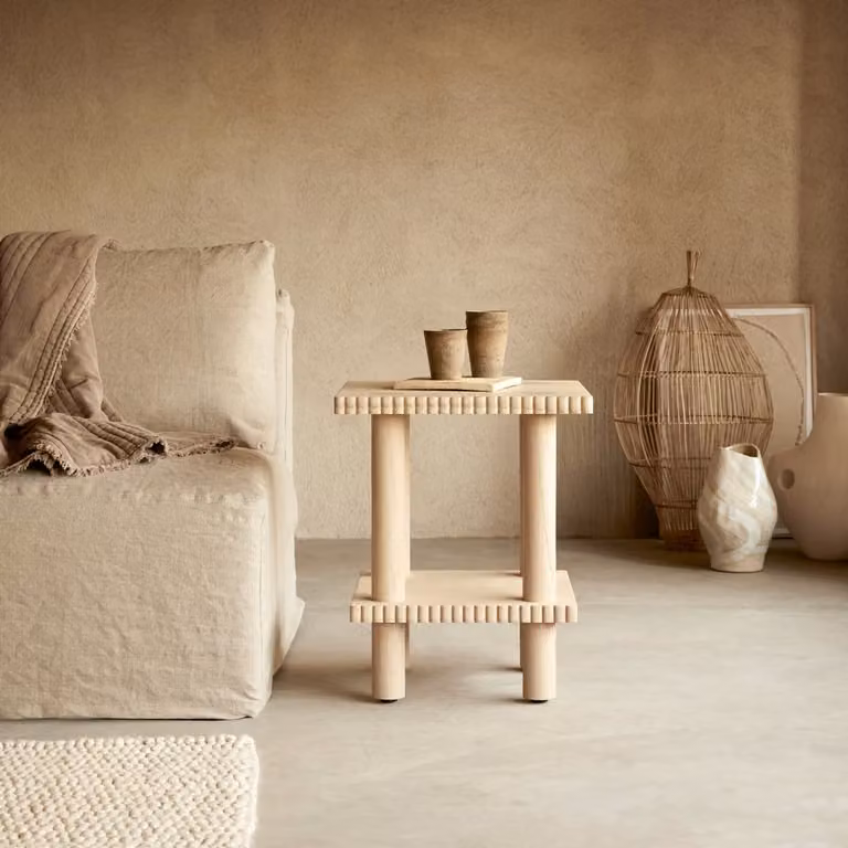 Tikamoon Nachttafeltje van massief mindihout - Beige - B: 45 cm, D: 45 cm, H: 55 cm