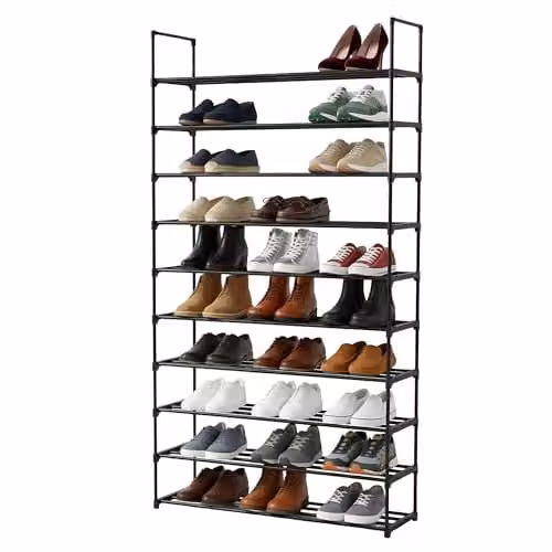 Relaxdays schoenenrek met 10 niveaus en steeksysteem, zwart, H x B x D: 174 x 94 x 30 cm