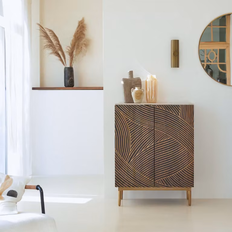 Tikamoon Dressoir van massief mangohout en terrazzo - Bruin - B: 80 cm, H: 45 cm, D: 105 cm