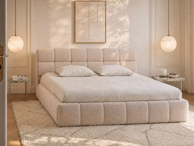 Vente-unique Bed met opbergruimte in beige stof, 180 x 200 cm