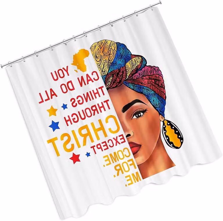 Inspirerend douchegordijn met Afrikaanse vrouw en motiverende citaten voor badkamerdecoratie