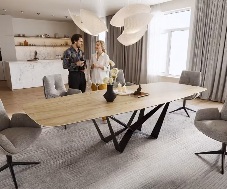DELIFE Edge Boot Eettafel met Keramiek Laminam Sabbia Eichefarbig en Zwart Spider Onderstel, Uitschuifbaar, B/D/H: 200 x 120 x 75 cm