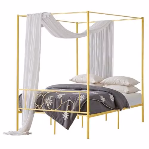 VEVOR Hemelbedframe van metaal met minimalistisch hoofdeinde en vier posters, Goud, 140 x 200 cm