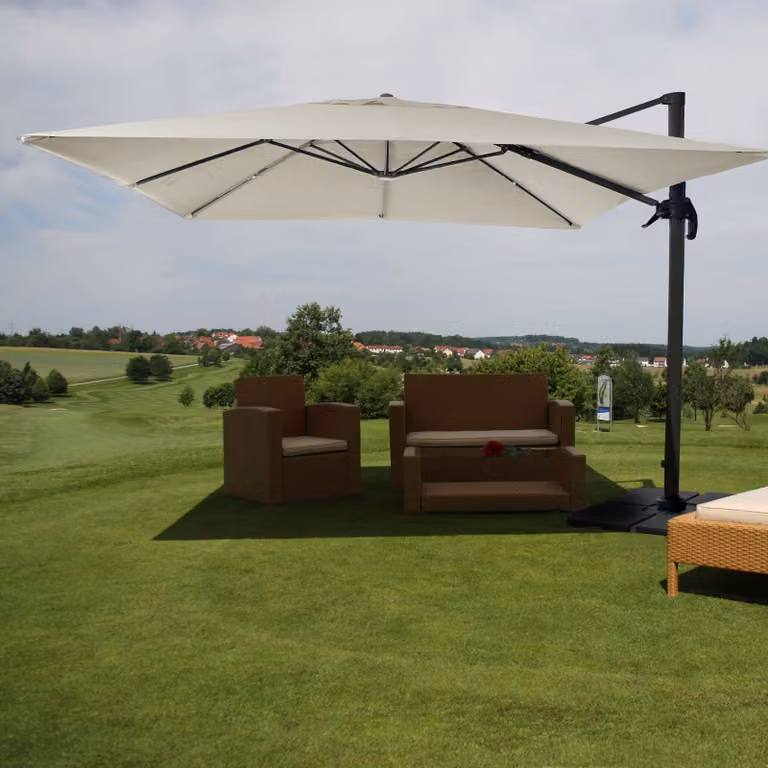 Mendler Gastronomie-scherm met pergola model HWC-A96 crème-grijs met standaard, B/D/H: 3 x 3 meter (diameter 4,24 meter)