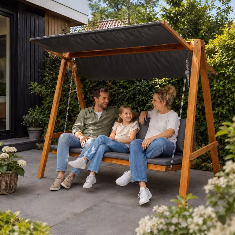 Outsunny Schommelbank Luxe 3-zits schommelstoel en bed van larikshout met verstelbaar dak en kussens, grijs teak, B/D/H: 226 x 113 x 180 cm