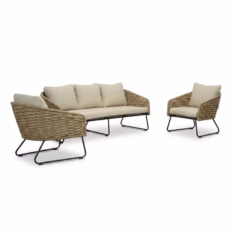Flora 3-delige loungeset voor 5 personen met touw en aluminium in Sahara Dust