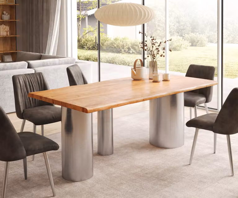 DELIFE Eettafel Edge van acacia hout met RVS geborsteld onderstel, Bruin/Zilver, B/D/H: 200 x 100 x 73,5 cm