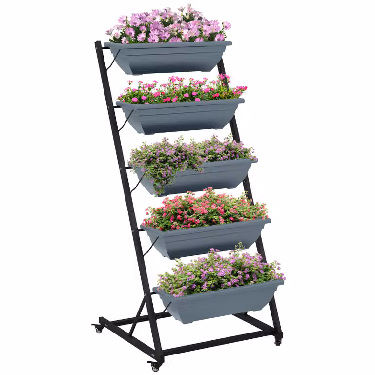 Outsunny plantenstandaard met 5 niveaus en 4 wielen, Grijs, H x B x D: 145 x 65 x 67 cm