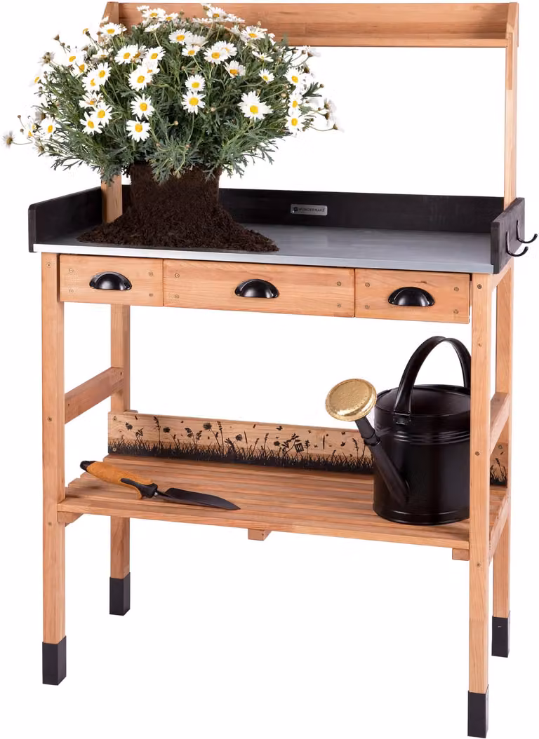 WONDERMAKE Grote plantentafel van kersenhout met lades, bruin, hoogte verstelbaar