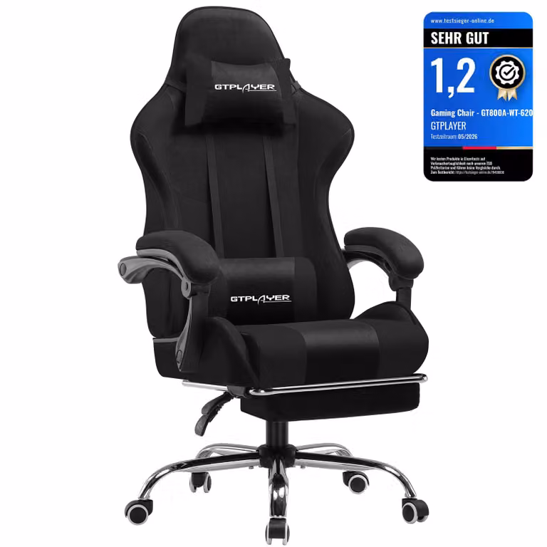 GTPLAYER Ergonomische Gaming Stoel met Voetsteun, Hoofdkussen en Lendensteun, Stoffen Fauteuil, Zwart