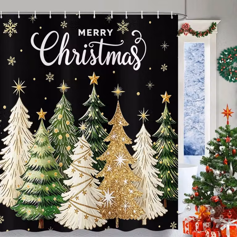 Waterdicht kerstdouchegordijn met zwarte kerstboom, sneeuwvlokken en sterren - B/H: 180 x 200 cm