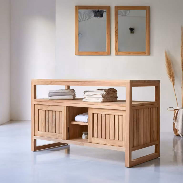 Tikamoon Opbergmeubel van massief teak met schuifdeuren en open vakken, Bruin, B: 120 cm, D: 57 cm, H: 75 cm