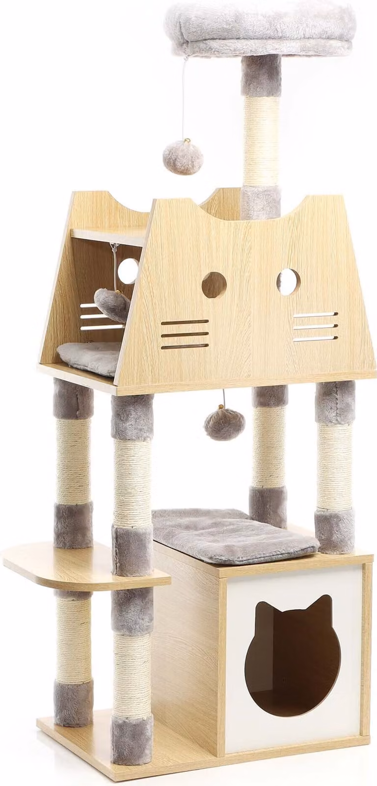 Fudajo Krabboom voor katten met kattenhuis, ligplaats en speeltjes, grijs, Hoogte: 126 cm