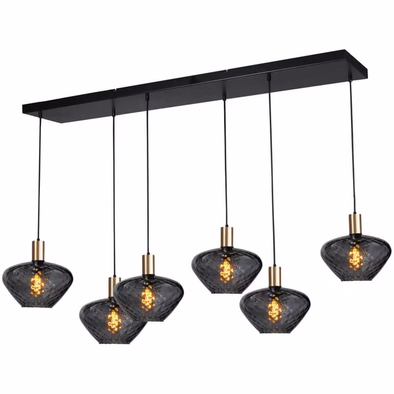 Masterlight Porto 6-lichts hanglamp met Blossom smoke glazen in goud en grijs