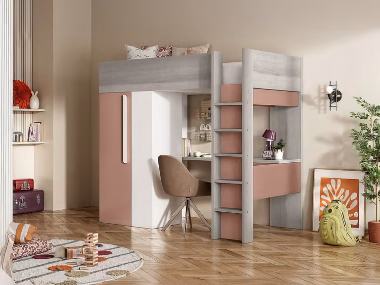 Vente-unique Hoogslaper met bureau, kast en plank, Roze en Wit, 90 x 200 cm