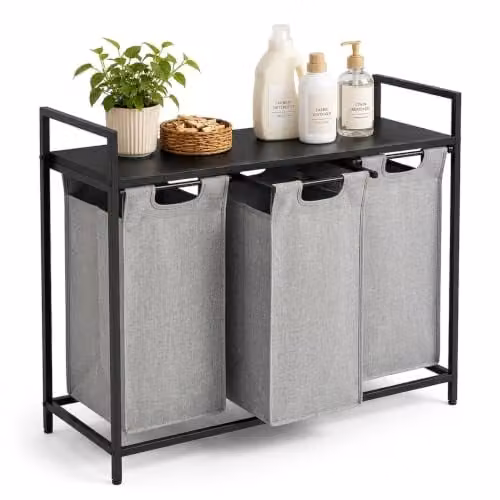 Relaxdays Wasmand met plank en 3 uitneembare waszakken van 40 l, zwart/grijs