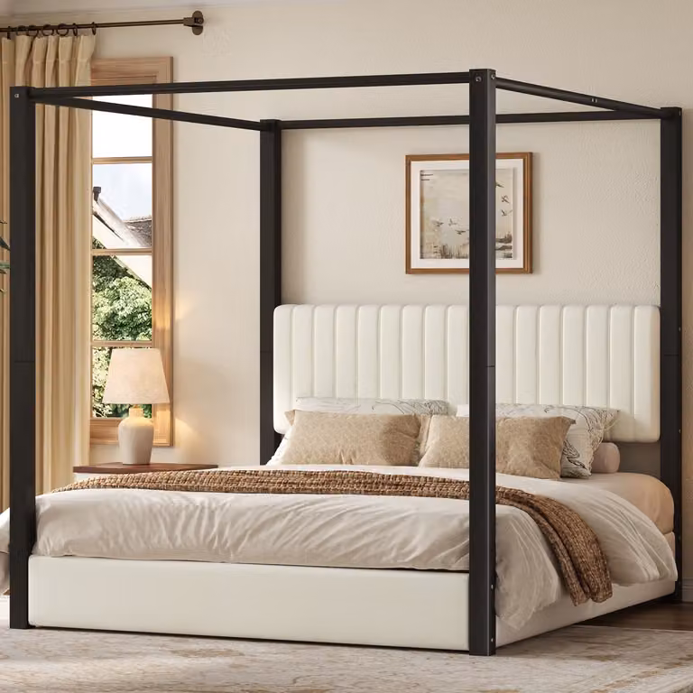 Gestoffeerd tweepersoons hemelbed met metalen frame en hoofdeinde, Beige+Zwart, 180 x 200 cm
