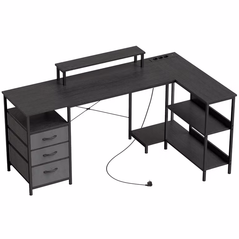 HOMCOM L-vormig bureau met lades en planken, omkeerbaar hoekbureau, zwart, 170 cm