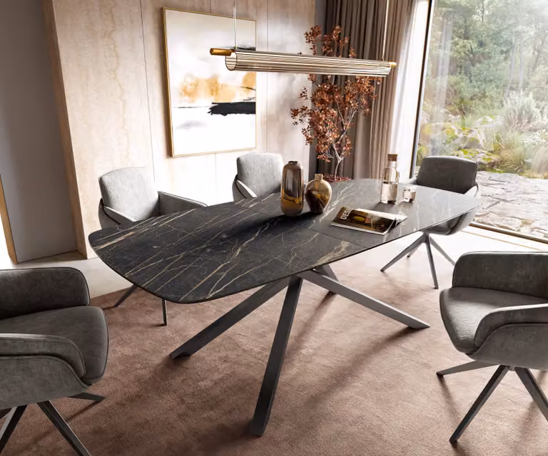 DELIFE Eettafel Edge Boot met Laminam Keramiek Noir Desir Braun, Uitschuifbaar, B/D: 180-220 x 100 cm, Grafiet Kruisonderstel