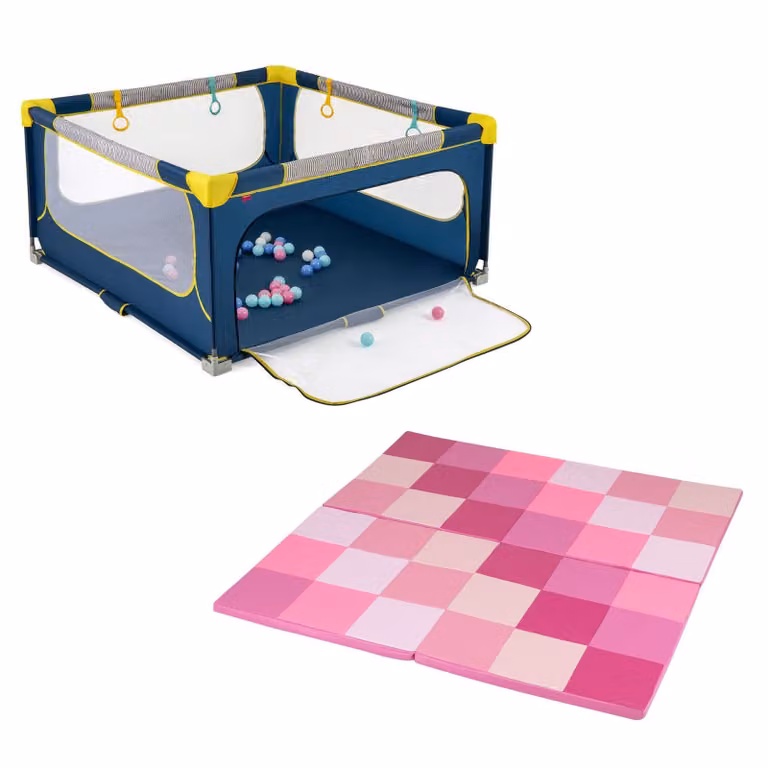 Costway Opvouwbare Babybox en Patchwork-Speelkleed 2-delige Set Roze