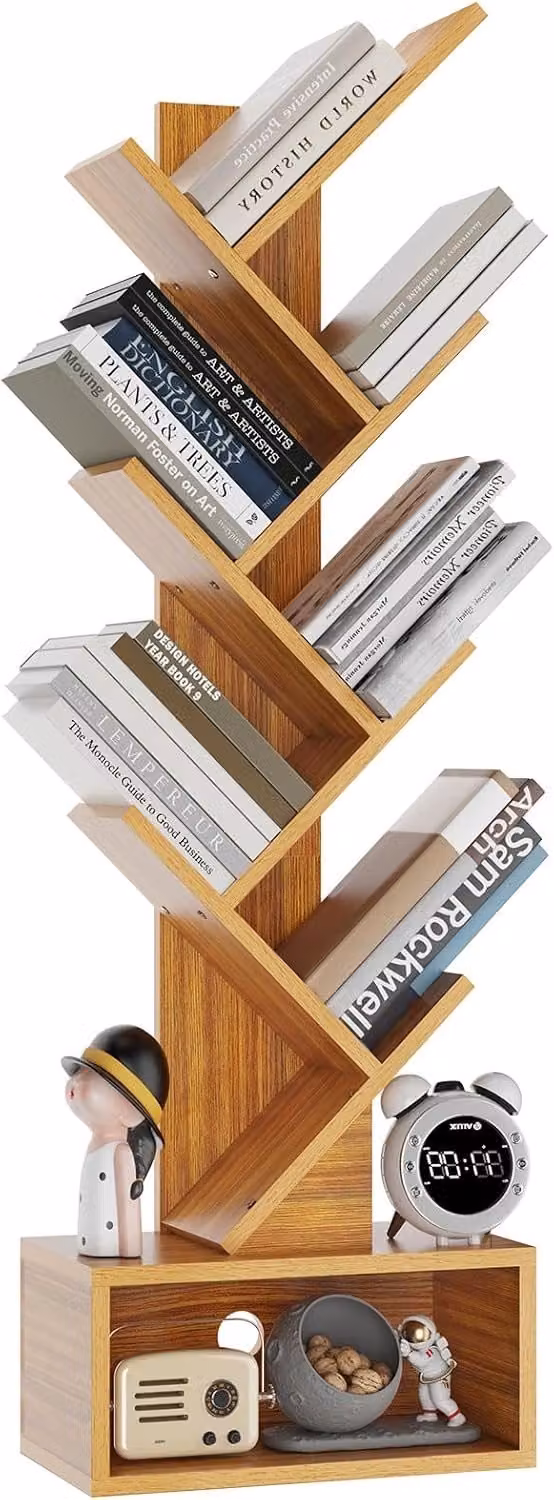 Moderne houten boekenkast met 6 lagen en cube rek, vrijstaand voor woonkamer of kantoor