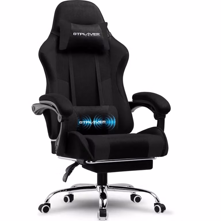 GTPLAYER Gaming stoel met massagefunctie, voetsteun en hoofdkussen, zwart, stoffen bekleding