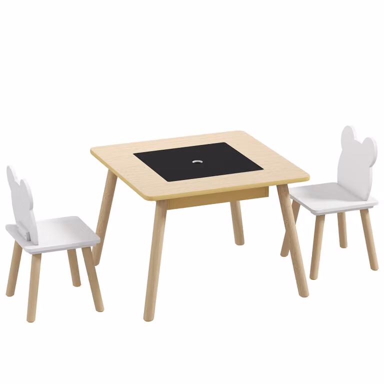AIYAPLAY Kindertafel met 2 stoelen, kinderzitset met opbergruimte en berenvormige rugleuning, naturel hout