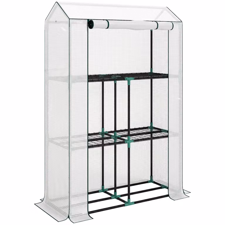 Outsunny Broeikas met 3-laags schap, UV-bestendige versterkte plastic afdekking en ventilatiegat, Wit, H 150 x B 100 x D 40 cm