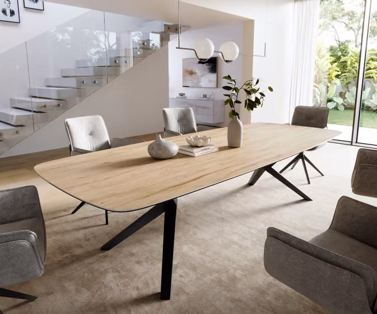 DELIFE Eettafel Edge Boot met Keramisch Blad en Metalen Onderstel, Eikenkleur en Zwart, B/D/H: 188 x 120 x 76 cm