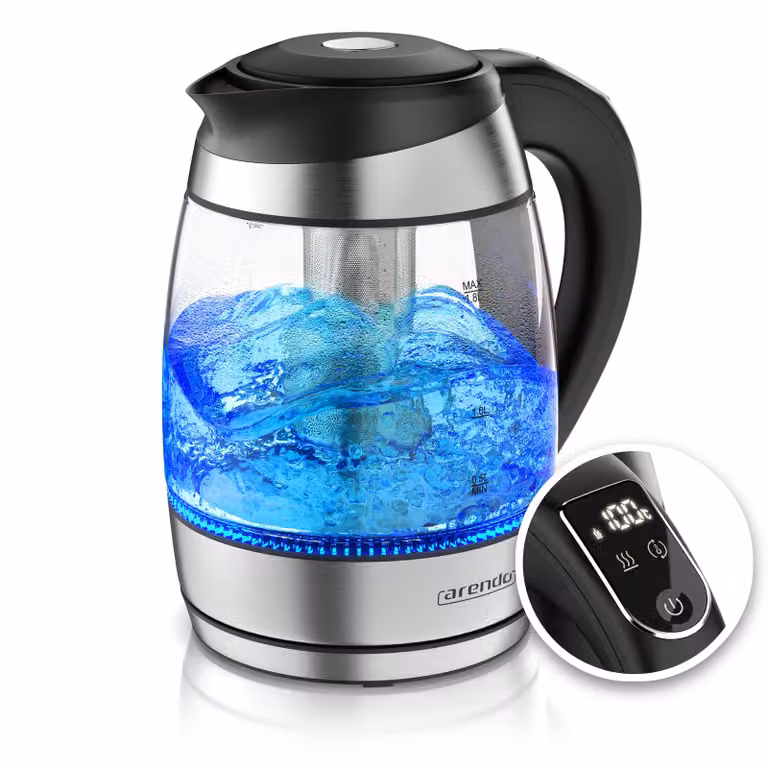 Arendo waterkoker met temperatuurregeling en theefilter, glas en roestvrij staal, 1,8 liter, 2200 W, 40°C - 100°C