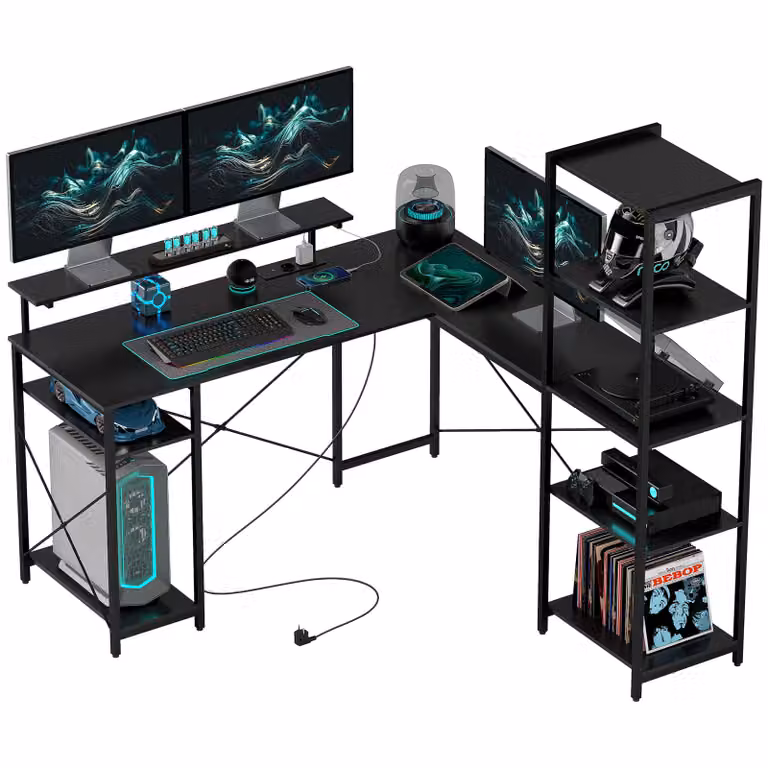 HOMCOM L-vormig bureau met oplaadstation en monitorstandaard, zwart hoekcomputertafel voor uw thuiskantoor