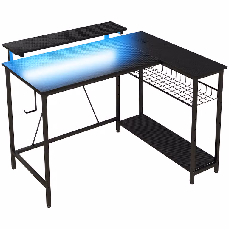 HOMCOM L-vormig bureau met LED, stopcontacten en USB, computertafel met plank, Zwart, B: 107 cm, D: 80 cm, H: 90 cm