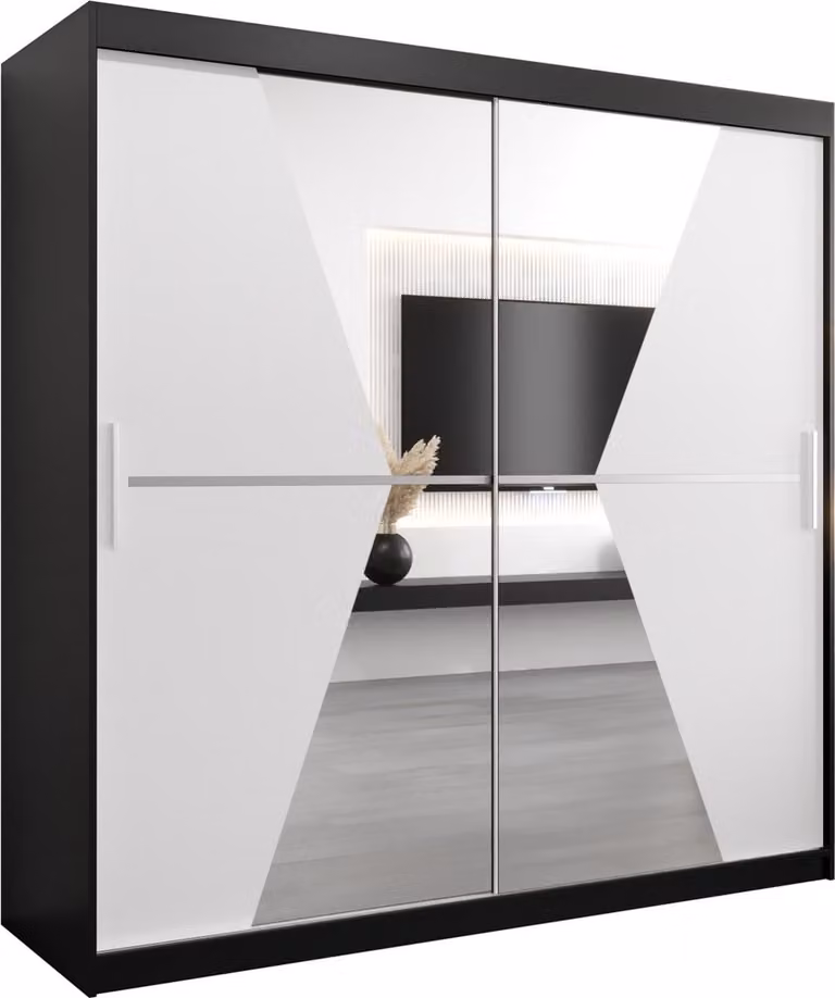 InspireMe TOTO 200 Kledingkast met 2 schuifdeuren en spiegel, Zwart Mat + Wit Mat, B/D/H: 200 x 62 x 200 cm