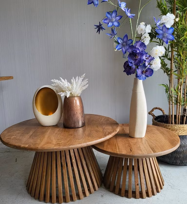 WoonStijl Salontafel set van 2 Tweak Conisch, Massief Mango hout, Bruin/Zand, B/D/H: 80 x 42 x 40 cm en 42 x 40 x 40 cm