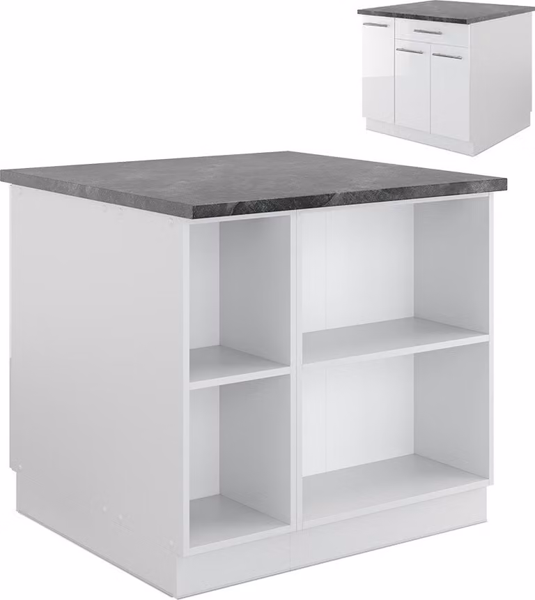 Vicco Keukeneiland Fame-Line Wit hoogglans met lade en open vakken, 90 cm, Model 38704