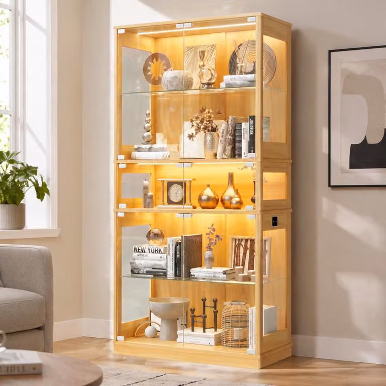 SnelShoppen Glazen Vitrinekast met LED Verlichting en 5 Legplanken van Natuurlijk Hout, Vrijstaand Display Cabinet met 2 Glazen Deuren, Hoogte: 165 cm, Breedte: 80 cm