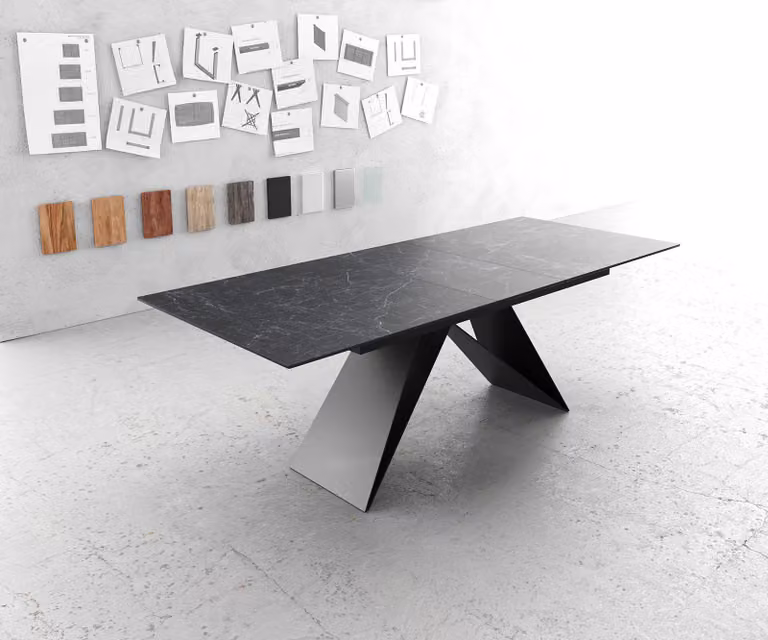 DELIFE Eettafel Edge met Laminam keramiek, grijs, uitbreidbaar van 180 tot 220 cm, zwart onderstel