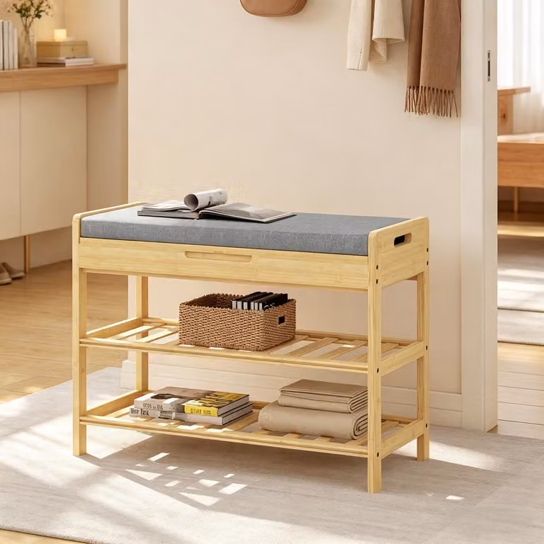 REDOM Schoenbank met zachte zitting en 2 open planken, Grijs en bamboe, B/D/H: 68 x 30 x 50 cm
