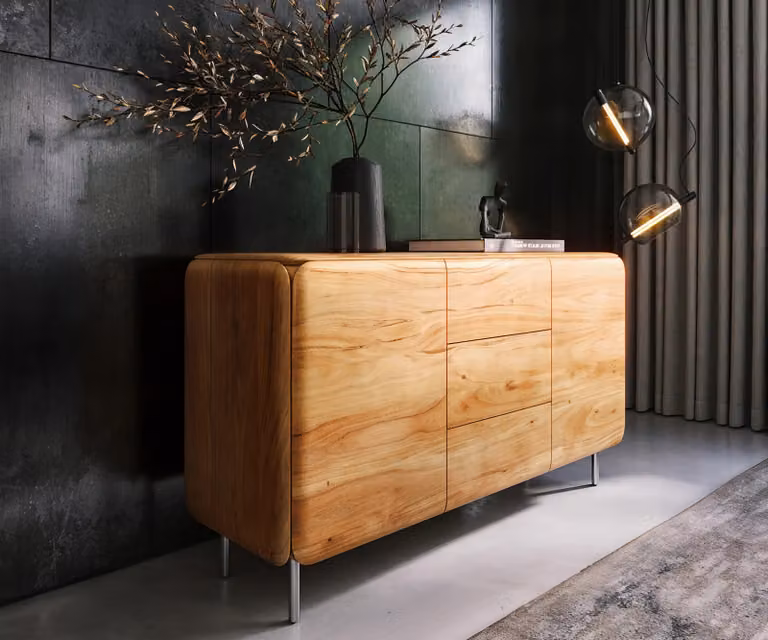 DELIFE Commode Shavani Acacia Natuur met 2 Deuren en 3 Lades en RVS Zilver Onderstel