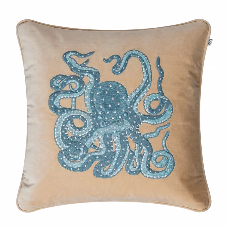 Chhatwal & Jonsson Embroidered Octopus kussensloop Beige-aqua 50 x 50 cm