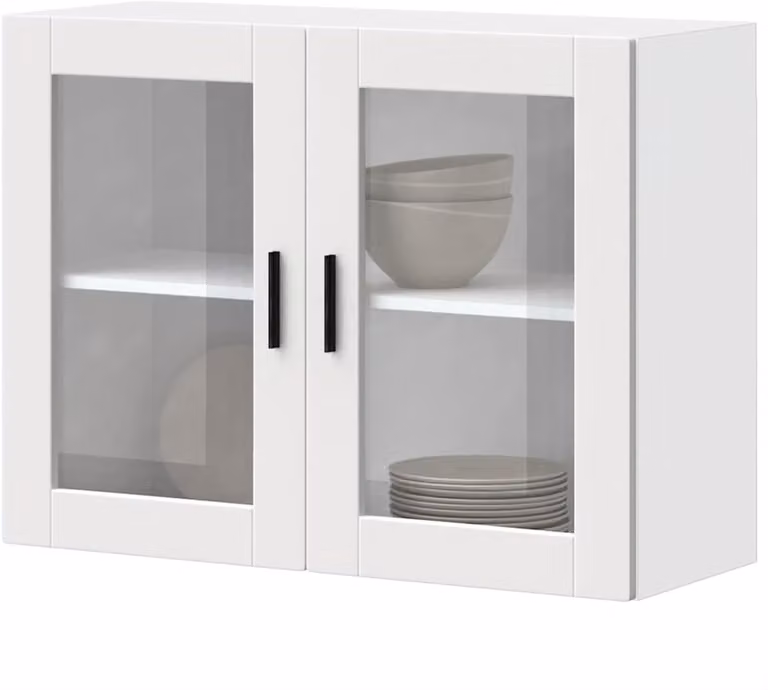 Witte houten wandkast voor de keuken met glazen deuren, B: 80 cm, D: 31 cm, H: 60 cm