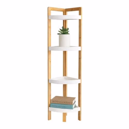 Relaxdays bamboe hoekrek met 4 planken, vrijstaand, wit-bruin, H 105,5 x B 23 x D 23 cm