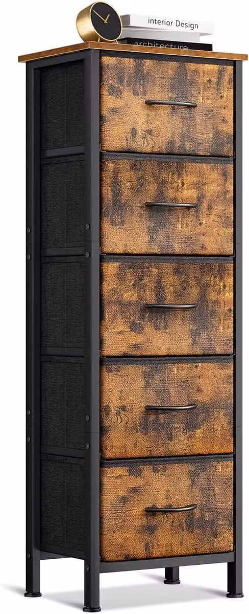 Vintage Ladekast met 5 Stoffen Laden - Smalle Ruimtebesparende Opbergkast - B/D/H: 40 x 30 x 120 cm