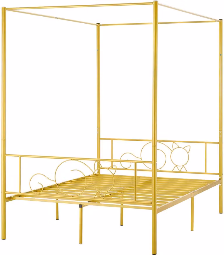 Modern metalen hemelbedframe met gouden afwerking en lattenbodem, 140 x 200 cm