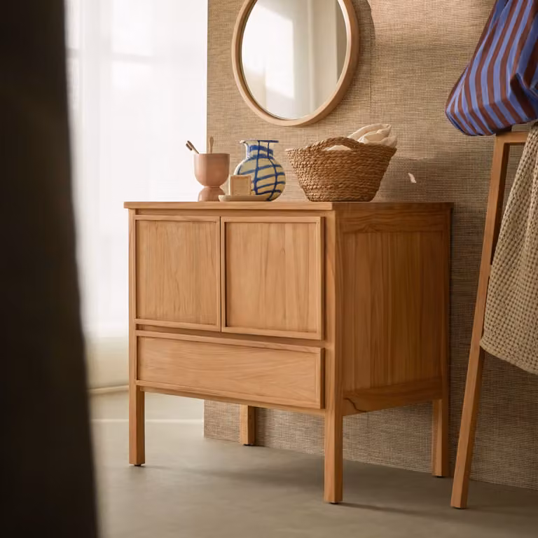 Tikamoon Teak houten kast met deuren en laden, Bruin, B: 80 cm, D: 54 cm, H: 78,5 cm