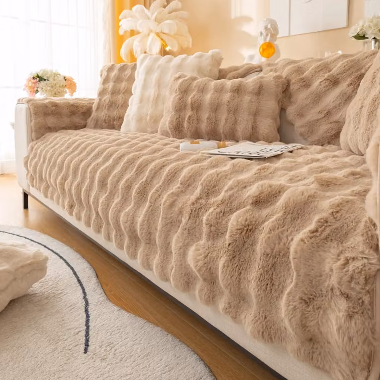 Khaki Imitatie Konijnenbont Bankhoes met Antislip - 70 x 180 cm