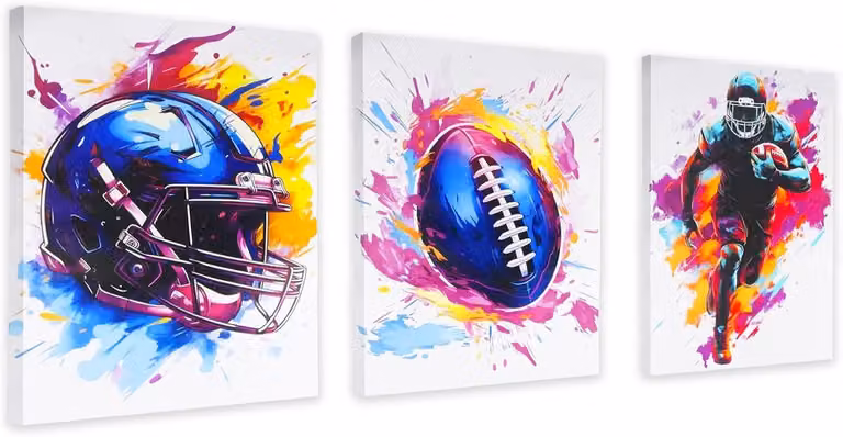 3-delige muurschildering American Football met aquarel print op canvas voor de kinderkamer